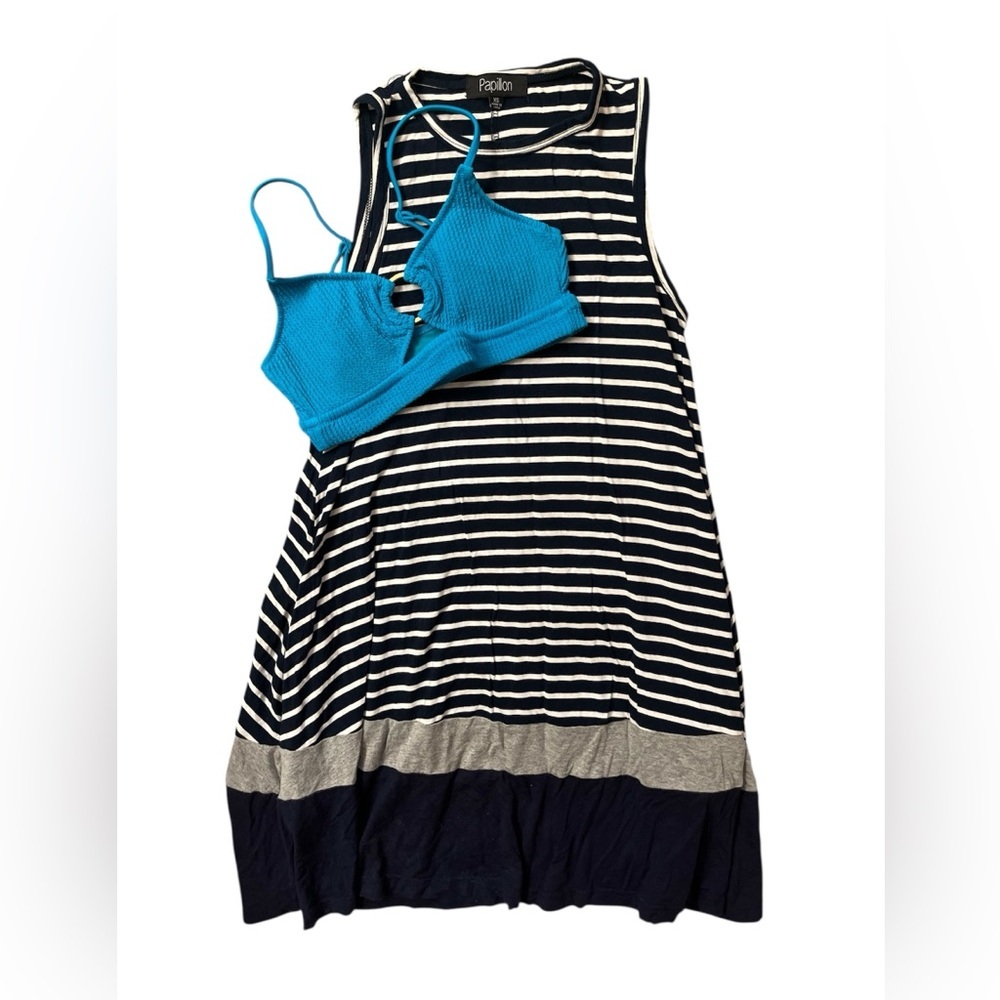 2/$25 Navy Striped Beach Coverup & Blue Bikini Top Bundle